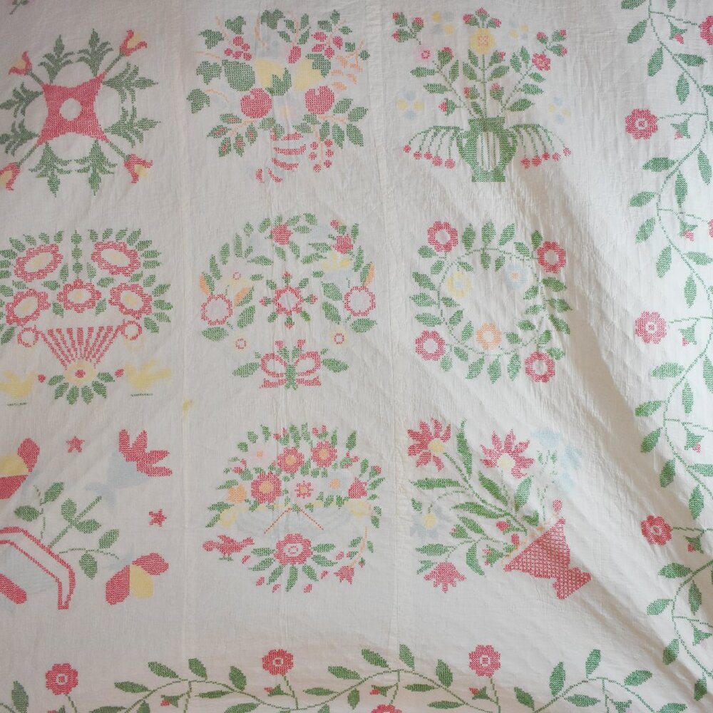 Vintage Handmade Cross Stitched Quilt Embroidered Baltimore Album Quilt 72 X 62 - Picture 6 of 13